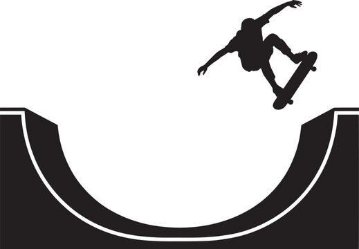 Skateboarder silhouette performing grab trick over halfpipe ramp extreme sport action vector