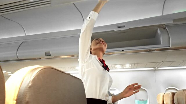 Flight attendant in uniform reaches to adjust an overhead panel inside a modern airplane cabin during preflight checks. Inflight cabin airline service business concept
