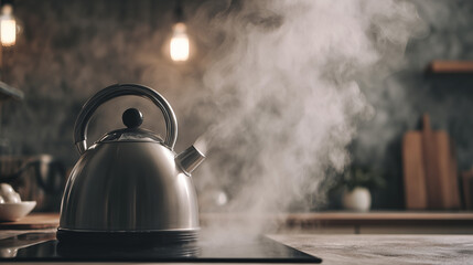 Ai steam rises from a silver kettle on the stove in a minimalisic kitchen setting during the late evening