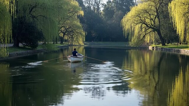 Serene rowing journey on tranquil lake under lush greenery