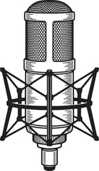 Vintage style illustration of studio microphone with shock mount perfect for sound recording equipment