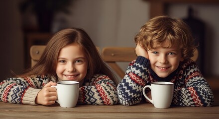 Smiling children enjoy warm beverages in cozy sweaters at home during winter
