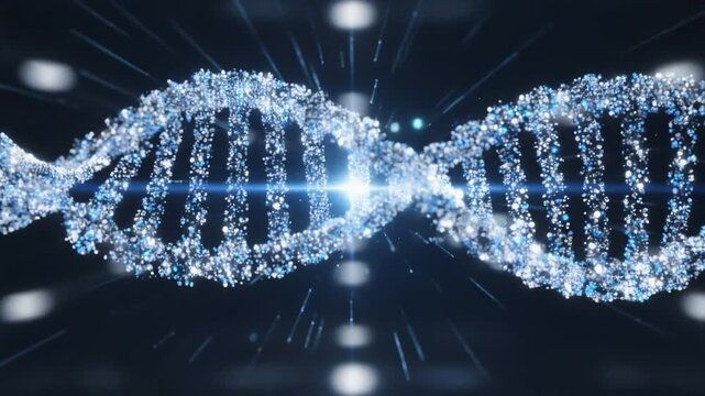 Glowing molecular DNA strand with light particles, bright flare, firefly effect, and digital glow