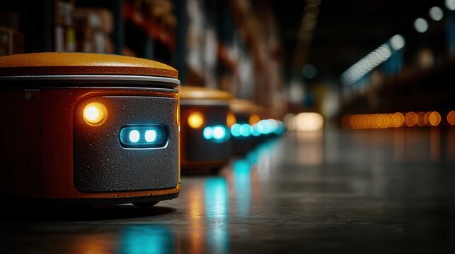 Autonomous warehouse robots with glowing lights navigate modern logistics facility for efficient supply chain operations