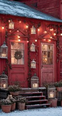 Obraz premium Cozy winter scene with red barn, festive lights and lanterns.