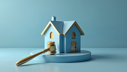 Light blue house model with gold trim sits on blue podium. Gold gavel rests in front. Clean background, concept for real estate sale, legal property, and home ownership.