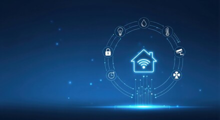Smart home technology icons representing security, convenience, and energy management in a digital setting with blue background