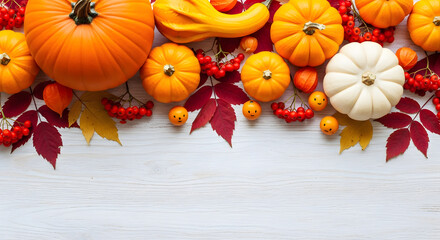 Autumn harvest of pumpkins gourds and fall leaves on a rustic white wooden background