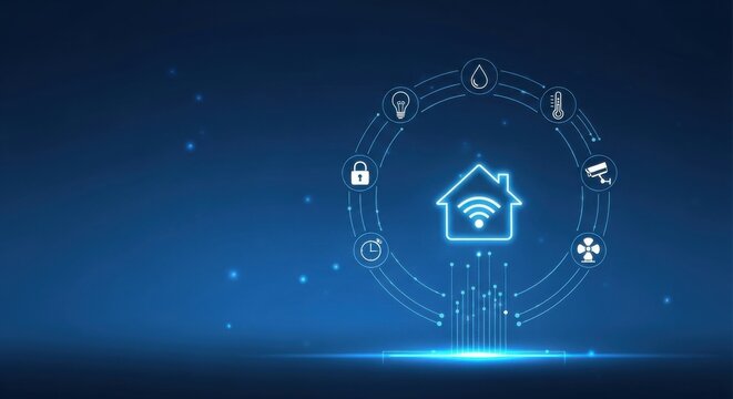 Smart home technology icons representing security, convenience, and energy management in a digital setting with blue background