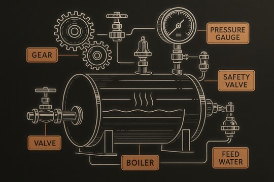 Technical Blueprint Steampunk concept. Diagram of a boiler with labeled components and gauges.