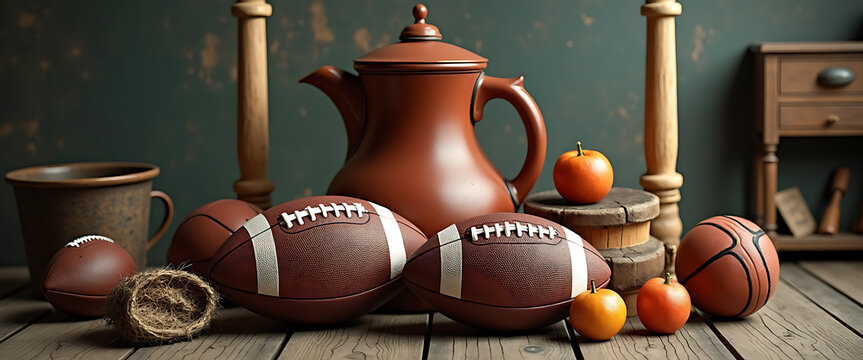 Still life with american footballs, apples, and vintage kitchenware
