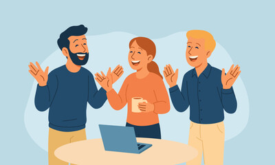 Group of cheerful coworkers laughing together during casual talk at workplace. Positive atmosphere and friendly teamwork concept in flat vector style.