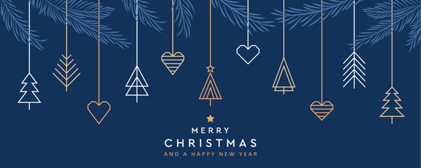 merry christmas card with hanging decoration in form of tree and heart vector illustration