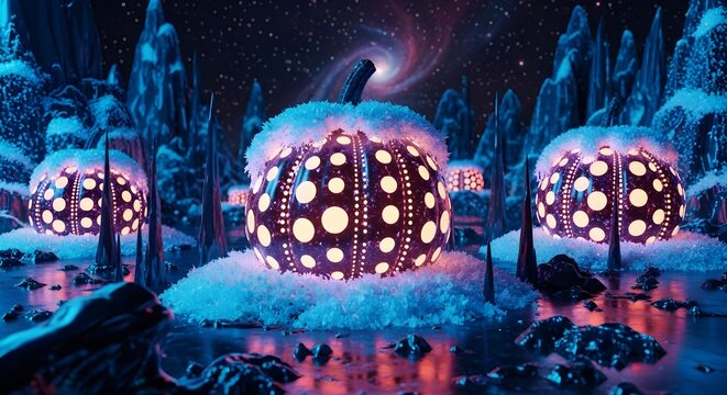 Enchanting luminous gourds emerge from a frosty, snow-laden winter wonderland, casting a magical glow under a shimmering cosmic galaxy night sky