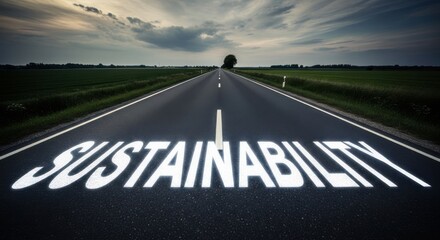 Road sign emphasizing sustainability under a cloudy sky in a rural location