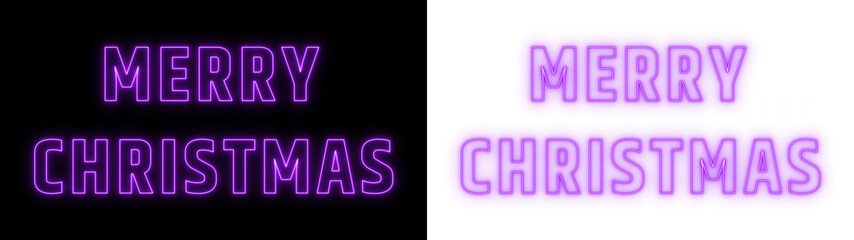 Merry Christmas glowing neon text design in purple on black and white background, festive holiday typography for modern celebrations