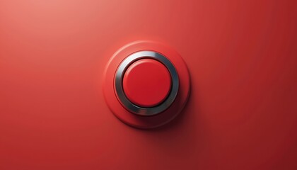 Red circular alarm button with metal rim on red surface. Emergency alert system activation control. Safety warning device, technology concept for action.
