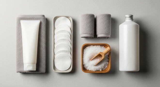 Essential skincare products arranged on a gray surface with towels and tools for a relaxing beauty routine at home