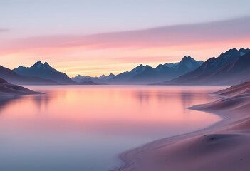 Peaceful sunrise over mountain lake with soft pastel colors