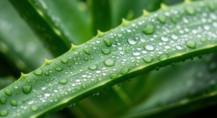 Aloe vera plant covered in water droplets after rain in a garden during the early morning hours