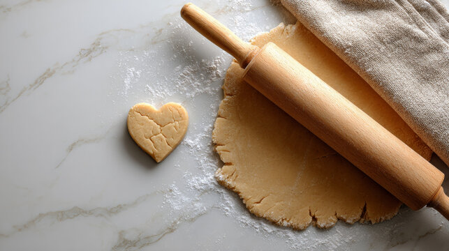 Heart-shaped cookie dough cutout with rolling pin and flour on marble countertop for baking preparation