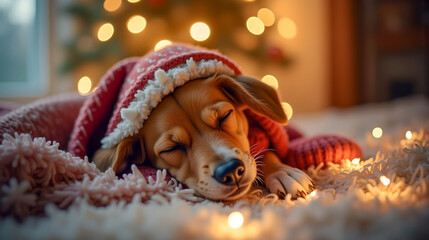 Warm Winter Scene of Puppy Sleeping in Santa Hat