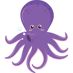 Cute Purple Octopus Character with Pink Accents and Bubbles Floating Underwater Purple Cartoon Octopus Illustration with Eight Tentacles and Big Eyes