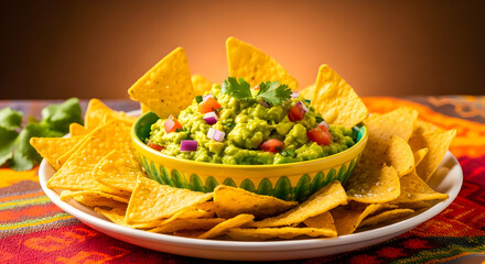 Fresh guacamole served with crunchy nacho chips