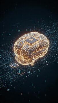 Digital Brain With Central Processing Unit Glowing Yellow With Data Streams Footage