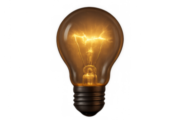 Glowing light bulb illuminating with bright electricity, symbolizing innovation, solution, idea, and inspiration on transparent background