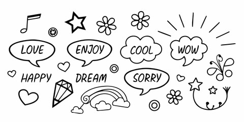 Black-and-white doodle collection with expressive words, cute symbols, hearts, stars, suns, notes, arrows, clouds, and fun decorative shapes. Clean vector line illustration for creative projects.