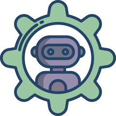 Cute Robot Icon Inside a Green Gear Cogwheel Symbol Representing Automation and Technology With a Transparent Background in a Flat Design Style