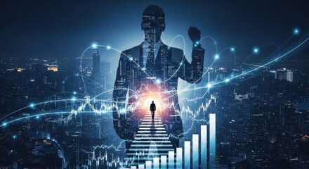 Business leader achieving success in a futuristic city with digital growth indicators and skyline at night