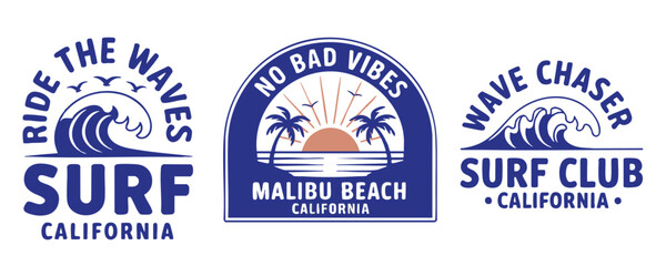 A set of retro-style surf club vector badges with waves, Perfect for t-shirt designs, logos, and coastal branding, evoking the California surf culture, Set of Three Retro Blue and Orange California .