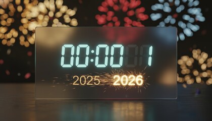 Digital clock counting down to midnight and the new year 2026, transitioning from 2025 with sparkler effect, celebrating the future moment under vibrant fireworks displays