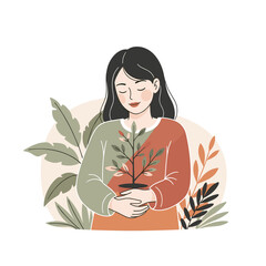 Peaceful girl holding young tree with eco concept text and foliage