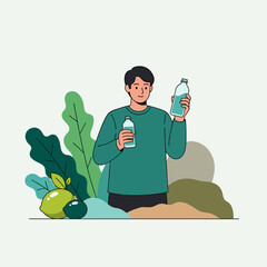 Smiling man holding clean water bottle with eco concept text and plants