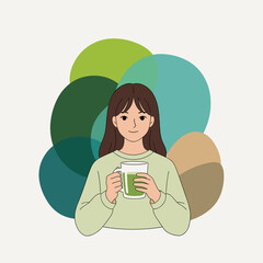 Smiling woman holding glass mug with eco concept text and foliage