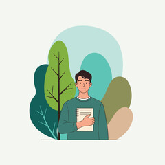 Smiling man holding paper notebook with eco concept text and trees