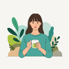 Calm woman holding glass mug with eco concept text and plants