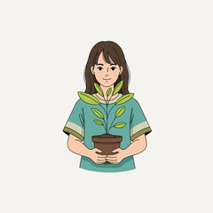 Smiling girl holding potted plant with organic leaves and eco concept text