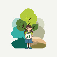 Smiling girl carrying recycled materials with eco concept text in forest