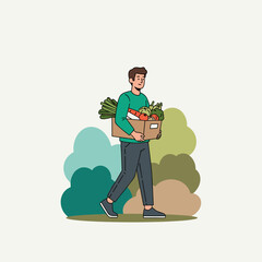 Happy man carrying box of organic vegetables with eco concept text