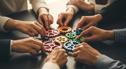 Close-up of diverse people connecting colorful gears on a dark table, representing teamwork and collaboration for business strategy and problem-solving.
