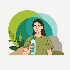Smiling girl holding clean water bottle with eco concept text and plants