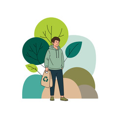 Young man holding recycling bag in forest with eco concept text