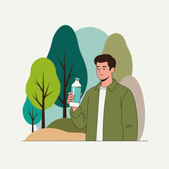 Smiling man holding clean water bottle with eco concept text in forest