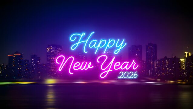 Neon New Year Celebration: Illuminated by the glow of neon lights against a twilight cityscape, the festive greeting Happy New Year 2026 shines brightly. - Powered by Adobe
