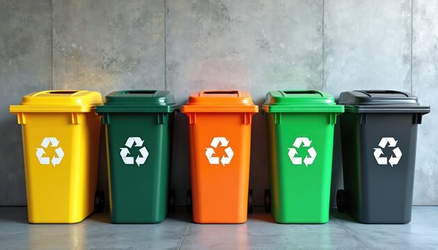 Five colorful recycling bins with white recycle symbols lined up against gray concrete wall. Different colors indicate waste sorting for paper plastic glass metal, general rubbish. Environmentally