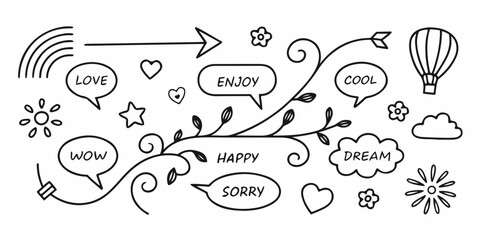 Black-and-white doodle collection with expressive words, cute symbols, hearts, stars, suns, notes, arrows, clouds, and fun decorative shapes. Clean vector line illustration for creative projects.